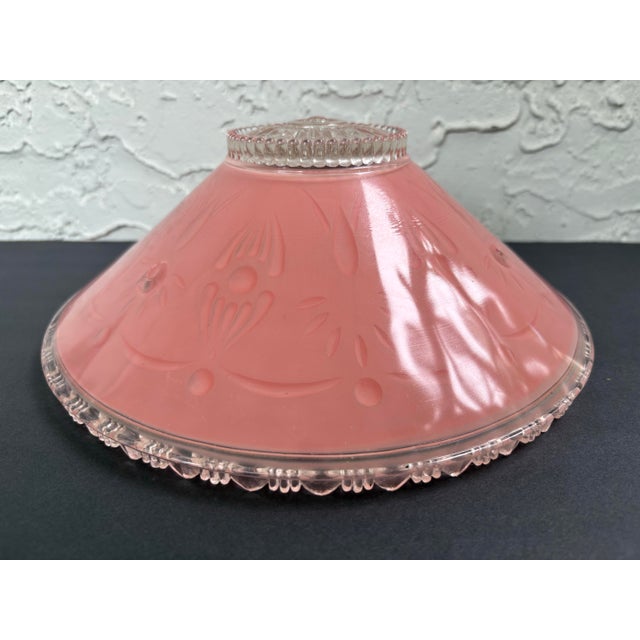 Art Deco Vintage Art Deco Pink Satin Glass Ceiling Light Shades, Floral Relief, Circa 1935–1945 - a Pair For Sale - Image 3 of 12