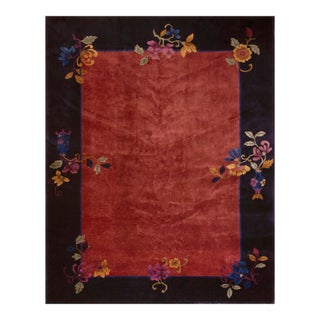 1920s Raspberry Red Open Floral Antique Chinese Art Deco Rug 9' X 11'3" Wool Knotted Carpet For Sale