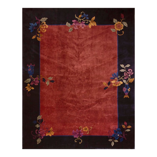1920s Raspberry Red Open Floral Antique Chinese Art Deco Rug 9' X 11'3" Wool Knotted Carpet For Sale