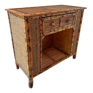 Vintage Tortoise Bamboo Edged Nightstand With Caning For Sale