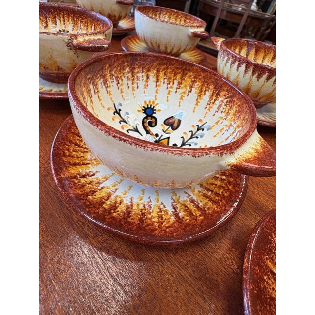 Ceramic Eared Bowls with Saucers Quimper Earthenware by P. Fouillen, Set of 12 For Sale - Image 7 of 10