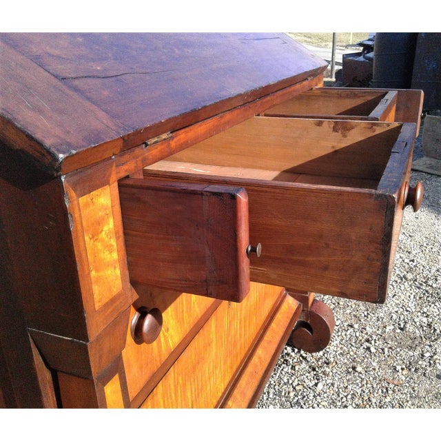 1850s Antique 2 Piece Cherry Curly Maple Slant Front Secretary Desk With Bookcase Top For Sale - Image 12 of 18