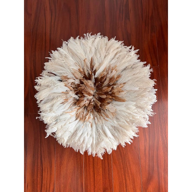 African Juju Feather Headdress, 19 In. Diameter, White and Brown For Sale In Los Angeles - Image 6 of 6
