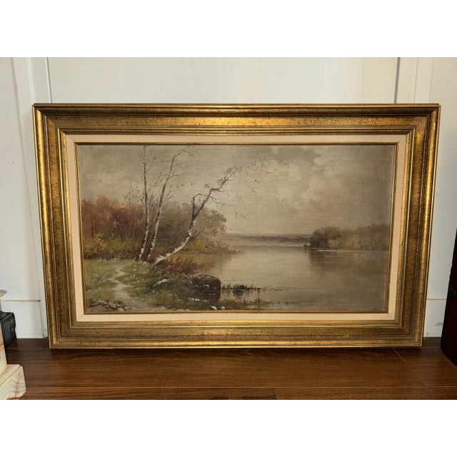 This listing is for an early 20th century American landscape painting. The painting is an oil on board and depicts a...