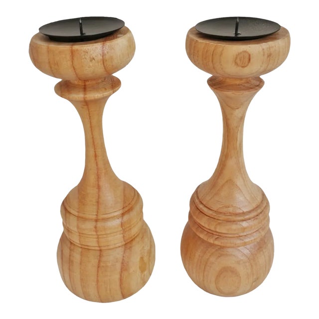 Set of 2 Wood Candle Stands For Sale