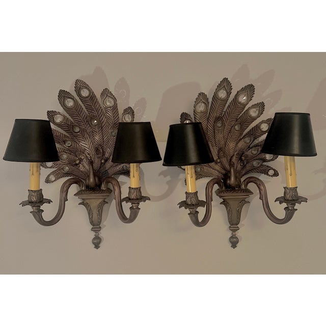 Metal Pair of Bronze Peacock Sconces with Crystal in Plumes and Two Lights each For Sale - Image 7 of 7