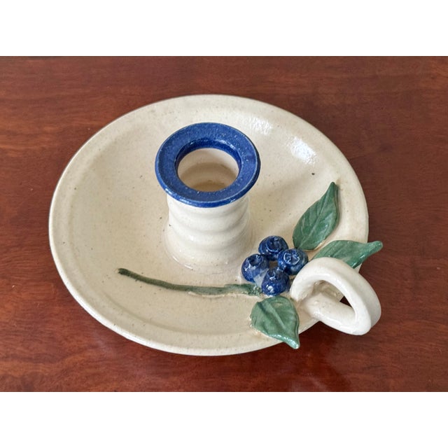 Charming New England studio pottery candleholder with blueberries in relief. Signed Joel, Maine, '89 Please see condition...