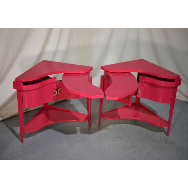 Pink Vintage Triangular Concave Flip-Out Tables in Pink Newly Painted - A Pair For Sale - Image 8 of 12