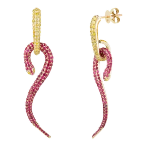 18k Solid Yellow Gold 2.42 Ctw Ruby Diamond Snake Dangle Earrings - 2 Pieces