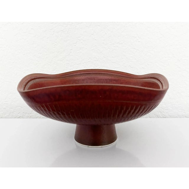 Red Glazed Ceramic Pedestal Bowl For Sale - Image 4 of 5