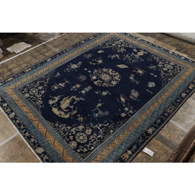 Art Deco Antique Samarkand Art Deco Rug in Navy Blue With Medallions by Rug & Kilim For Sale - Image 3 of 8
