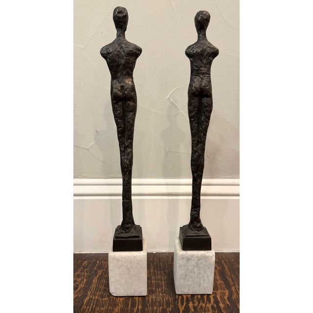 Figurative Late 20th Century Pair of Giacometti Style Male & Female Figural Sculptures on Marble Bases For Sale - Image 3 of 17