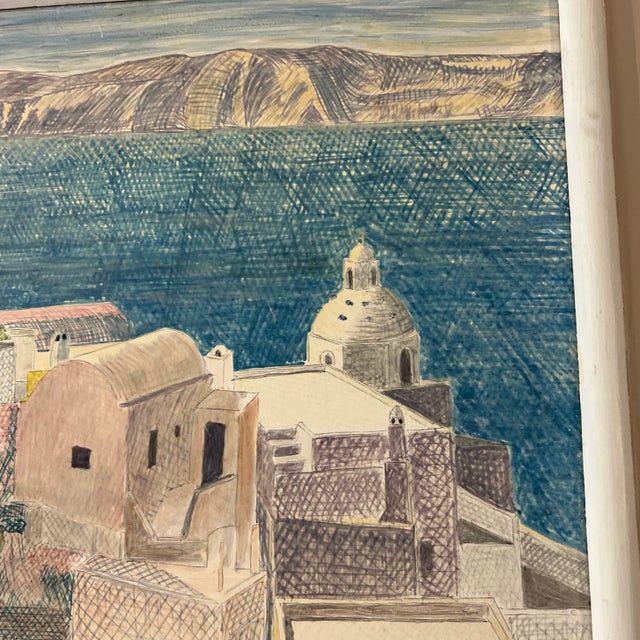 Wood 20th Century Modern American Artist L. V. Smith Encaustic Drawing on Massonite Signed Framed Titled Santorini For Sale - Image 7 of 9
