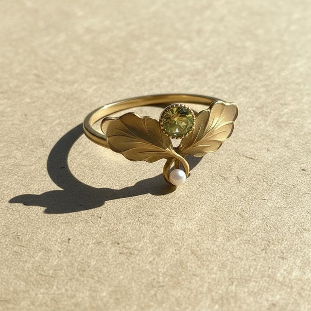 Modern Art Nouveau–Inspired Peridot and Pearl Botanical Ring in 14k Gold, Size 7.5 For Sale - Image 3 of 7
