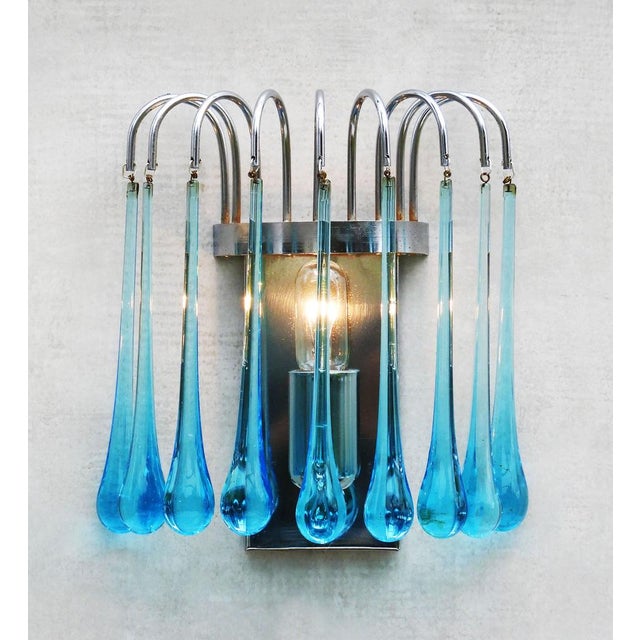Mid-Century Modern Wall Light in Blue Murano Glass and Chrome by Paolo Venini, 1970s, Set of 2 For Sale - Image 3 of 8