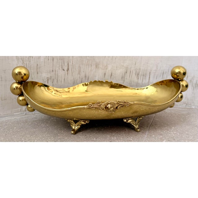 Metal Antique Early 20th Century Solid Brass Mexican Decorative Jardinière or Centerpiece Bowl, Footed Base, Ornate Spherical Handles, & Floral Decorations For Sale - Image 7 of 12