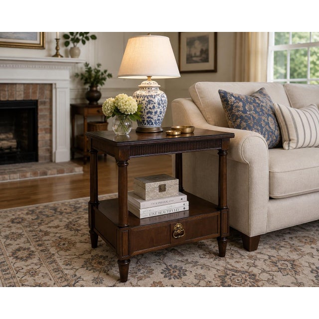 andsome vintage two-tier end table by Henredon Fine Furniture, featuring classic architectural detailing and a highly...