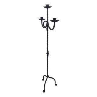 Hand Forged Iron Floor Candelabra 47.5″ (121cm) Antique Copper Patina 3-Arm Infinity Loop Design Classic Candle Holder For Sale