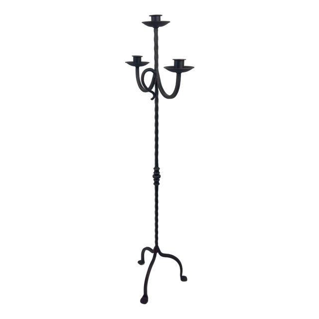 Hand Forged Iron Floor Candelabra 47.5″ (121cm) Antique Copper Patina 3-Arm Infinity Loop Design Classic Candle Holder For Sale