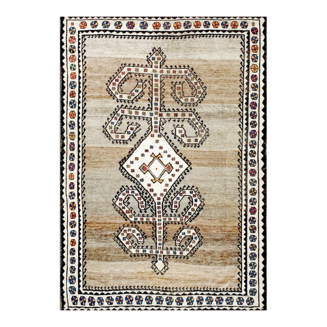 1900s Gray Geometric Tribal Antique Persian Gabbeh Rug 5' X 7' Handknotted Wool Carpet For Sale