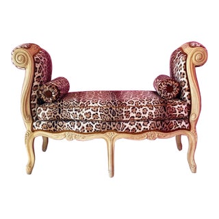 1980s Scroll Arm Leopard Print Upholstered Bench For Sale