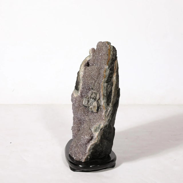 Modern Modernist Uruguayan Amethyst Rock Crystal Specimen on Black Lacquer Base For Sale - Image 3 of 12