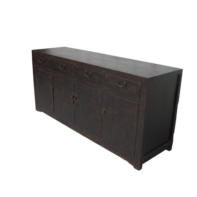 Chinese Circa 1926 Antique Chinese Dark Brown Painted Sideboard With Four Drawers and Four Doors For Sale - Image 3 of 13