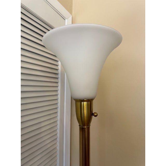 Mid century solid brass floor lamp with Vianne hand-blown double glass Trumpet Torchiere in the Art Deco style.
