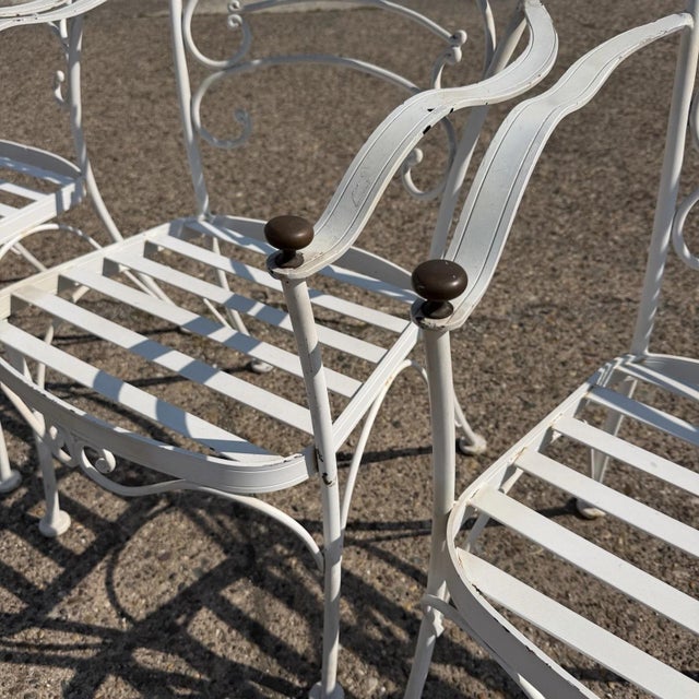 Late 20th Century Wrought Iron Scrolling Patio Dining Arm Chairs by Crown Leisure - Set of 4 For Sale - Image 12 of 18