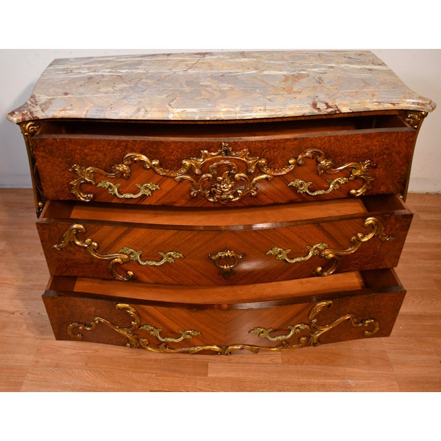 1880 Antique French Louis XV Burl Walnut & Walnut Marble Top Commode / Dresser For Sale - Image 12 of 18
