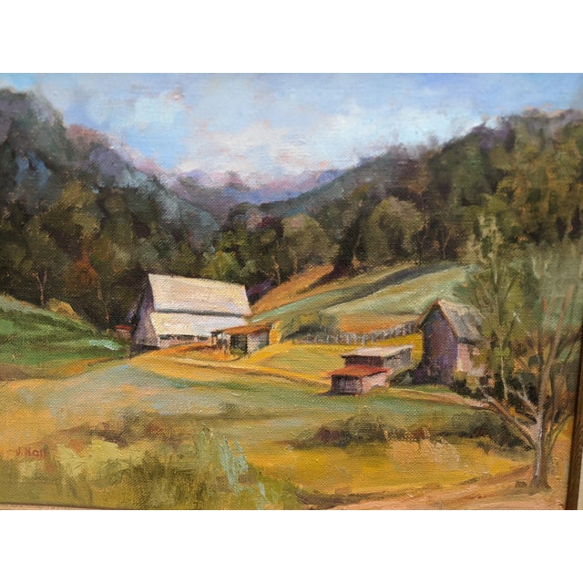 ** Painting will be Fragile Packed ** Vibrantly hued Mid Century Oil Painting of Lush green Farm land Fields with a...