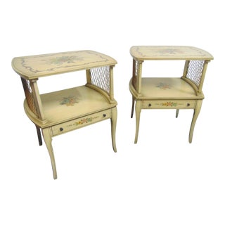 Italian Cream Floral Paint Decorated Nightstands - a Pair For Sale