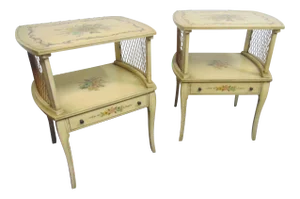 Italian Cream Floral Paint Decorated Nightstands - a Pair