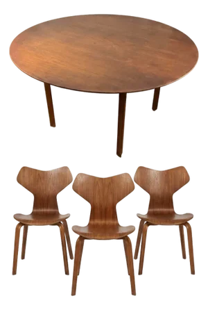 Very Rare Set: Arne Jacobsen Grand Prix Teak Dining Set by Fritz Hansen — 3 Chairs + Matching Solid Teak Table (1964-1965, All Fh Stamped)