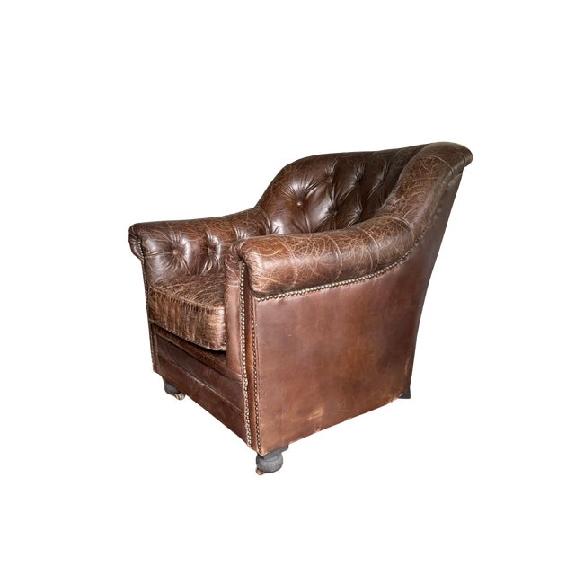 Restoration Hardware Distressed Leather Club Chairs, Pair – Tufted English Library Lounge Chairs With Rolled Arms & Brass Casters For Sale - Image 15 of 18