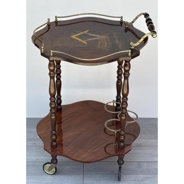 Mid-Century Italian Hollywood Regency Italian Marquetry Masonic Bar Cart With Brass Gallery For Sale In Los Angeles - Image 6 of 8