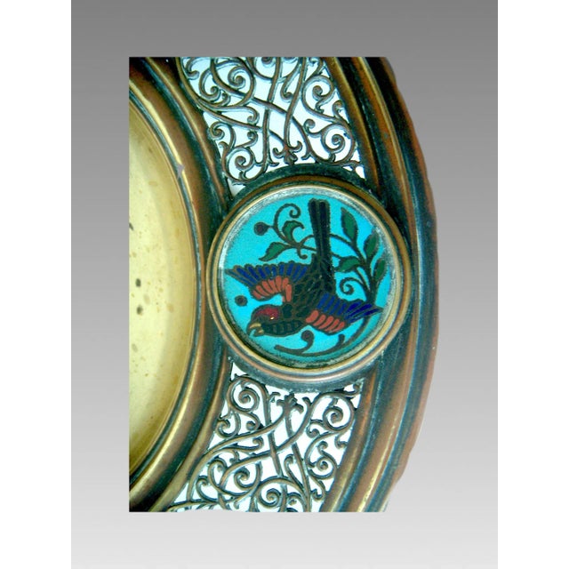 Metal Antique Persian Reticulated Brass & Enamel Turquoise Cloisonné Tazza / Centre Piece / Sweet Stand With Blue Birds For Sale - Image 7 of 11