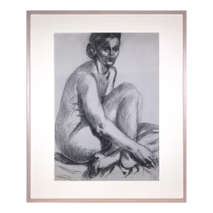 Large Vintage Modernist Female Nude Figure Study Charcoal Drawing