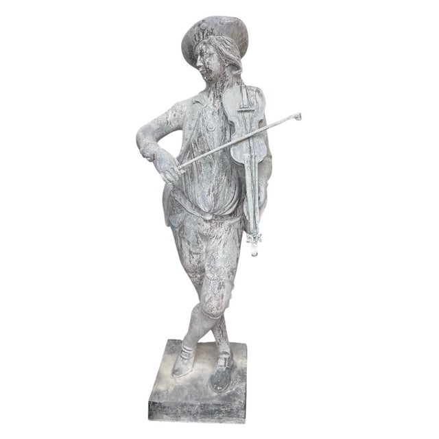 Vintage European-Style Lead Garden Statue of a Standing Violinist For Sale - Image 4 of 12