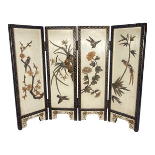 Vintage Chinoiserie Jade Soapstone Tabletop Four Panel Screen For Sale