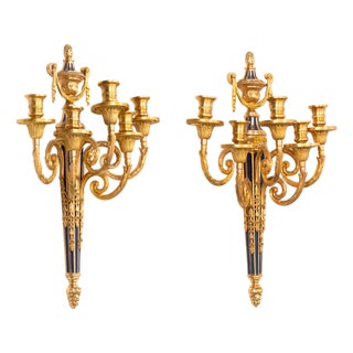 Early 20th Century French Bronze Blue Painted Five-Light Antique Wall Sconces - a Pair For Sale