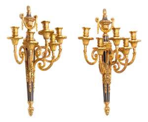 Early 20th Century French Bronze Blue Painted Five-Light Antique Wall Sconces - a Pair