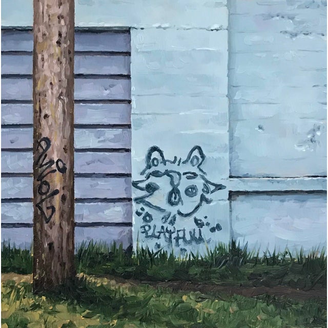 Blue Cat by Stephanie Buer | Oil on Wood Panel Painting of a cat graffiti on a wall. For Sale