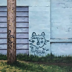 Blue Cat by Stephanie Buer | Oil on Wood Panel Painting of a cat graffiti on a wall.