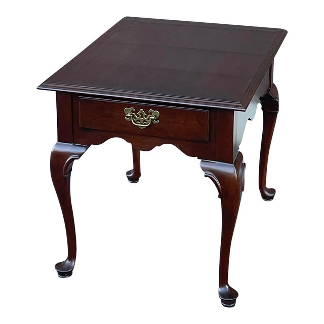 2000s Ethan Allen Georgian Court Queen Anne Solid Cherry Side or End Table With Drawer For Sale