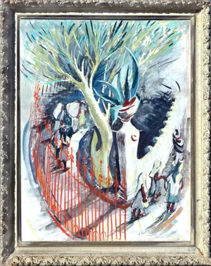 Goldie Anita Powell Harding Impressionist "Cuernavaca Procession" Tempera on Masonite 1935