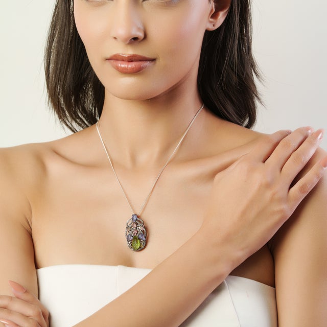 Metal Caratandher Nature Inspired Carved Multi-Gem Pendant With Diamond Accents for Gift For Sale - Image 7 of 11