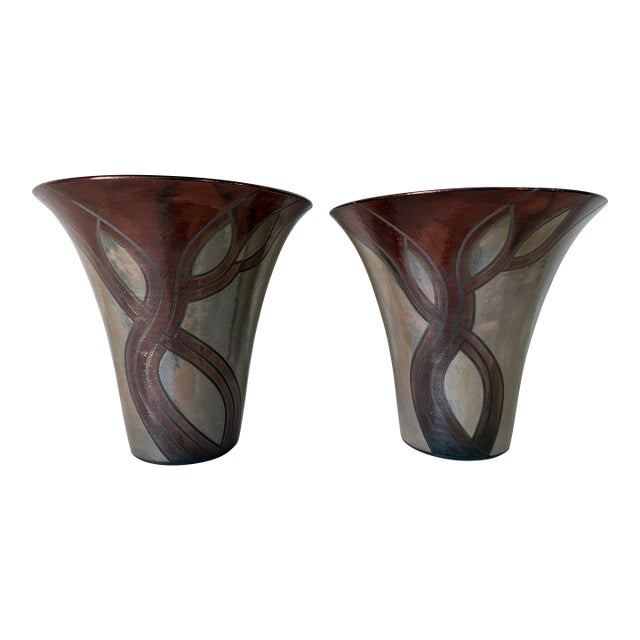 Vintage Signed t.p. Raku Pottery Vases – A Pair For Sale
