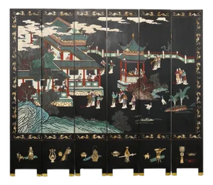 Chinese Export Six Panel Lacquered Coromandel Screen Courtyard