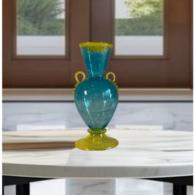 Aqua Art Glass Aqua Yellow Handled Amphora Vase For Sale - Image 8 of 14